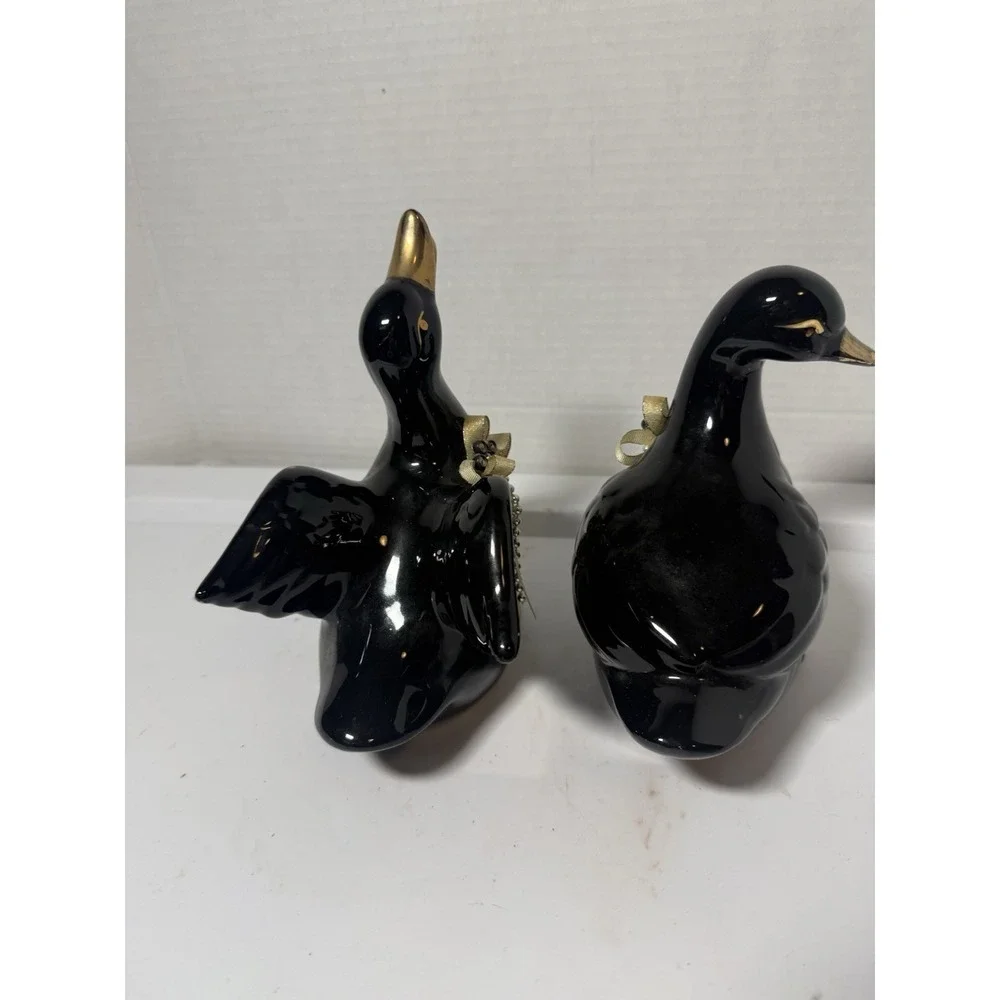 VTG Black Gold Ceramic Ducks Set Animal Figurines Made In Taiwan 6